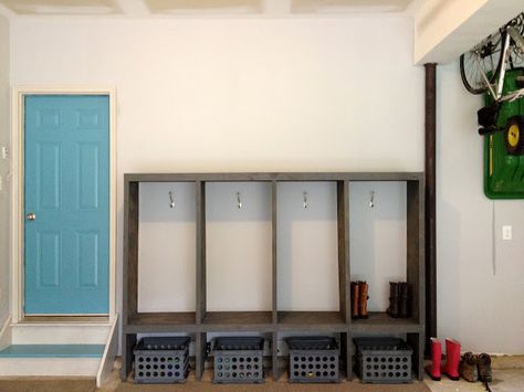 Organizing Ideas Garage, Cheap Organizing Ideas, Diy Mudroom Lockers, Garage Lockers, Shoe Storage Diy, Garage Mudroom, Diy Locker, Laundry Room Storage Shelves, Mudroom Makeover