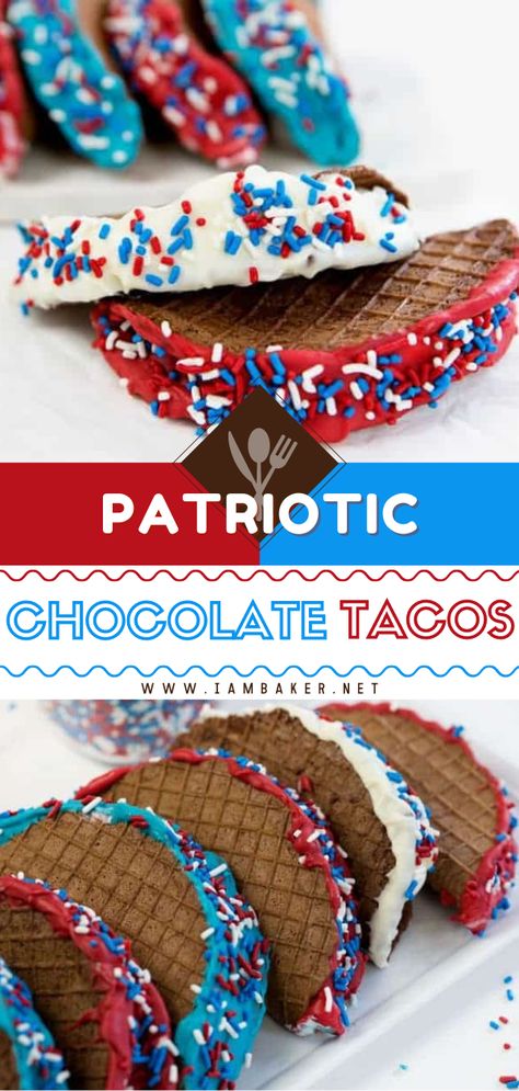 Waffle Tacos, Desserts Fourth Of July, Memorial Day Dessert, Chocolate Taco, Colored Chocolate, Frozen Ice Cream, Memorial Day Desserts, 4th Of July Dessert, Dessert Taco