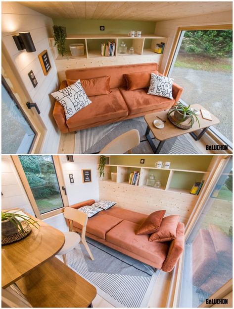 East France, House Flips, Living Room Upstairs, Tiny House Furniture, Tiny House Company, Sage Green Kitchen, Cedar Cladding, Stylish Interior Design, Comfortable Office