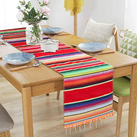 Amazon.com: AerWo Mexican Table Runner Upgraded Serape Table Runner, Handwoven Fringe Cotton Serape Blanket Table Runner for Cinco De Mayo Fiesta Party Supplies, 14in x 84in: Home & Kitchen Mexican Theme Party Decorations, Fiesta Table, Fiesta Party Supplies, Party Cake Table, Mexican Table Runner, Stripe Table, Mexican Birthday Parties, Serape Blanket, Mexican Party Decorations