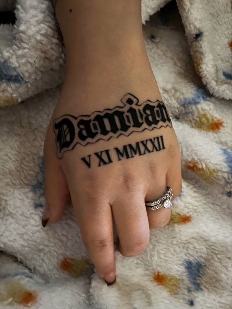 Name in old english and birthday in roman numberals Old English Tattoo, Medium Tattoos, Old English Letters, Mommy Tattoos, English Tattoo, Name Tattoo, Name Tattoos, Tattoo Lettering, Old English