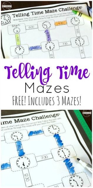 FREE Telling Time Mazes - this is such a fun, free printable math game to help kindergarten, first grade, 2nd grade, 3rd grade, and 4th grade students practice using a clock. They are telling time worksheets with a twist - it is a maze and a fun telling time clock game to finish! Telling Time Games, Printable Math Games, Kindergarten Math Games, Telling Time Worksheets, Time Worksheets, Math Games For Kids, Teaching Time, Math Time, Math Game