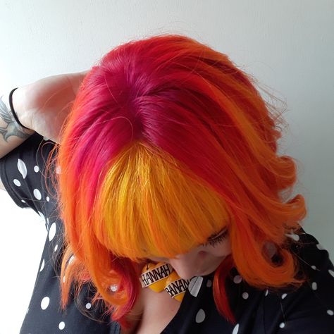 Pink To Orange Hair, Ice Cream Haircut, Susie Core, Red Yellow Hair, Red And Yellow Hair, Orange And Pink Hair, Pink Orange Hair, Pink And Yellow Hair, Hairdye Ideas