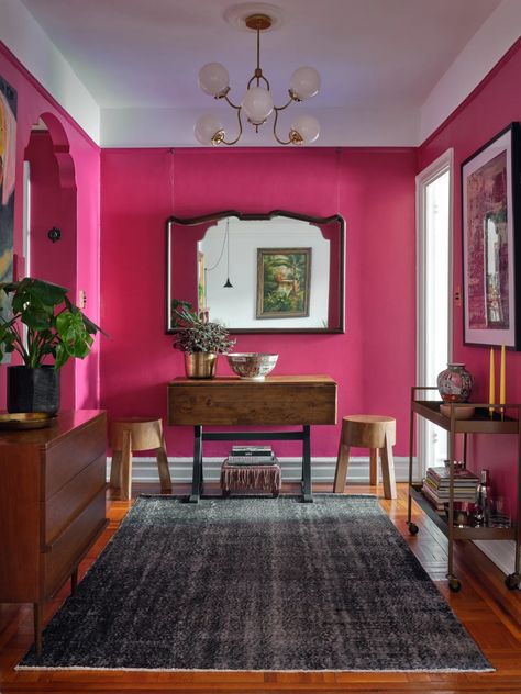 Magenta Walls, Hot Pink Walls, Large Sectional, Hallway Design, Old Sofa, Bedside Storage, Wall Molding, Kitchen Wallpaper, Pink Room