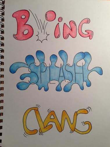 This is self created example of onomatopoeia. In the picture the word boing is read like the sound it makes same with splash and clang. Graffiti Style Art, Hand Lettering Alphabet, Magazine Layout Design, English Art, Lettering Styles, Bullet Journal Lettering Ideas, Dragon Artwork, Graffiti Styles, Typography Inspiration