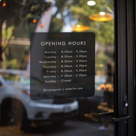 $16.10 | Opening Times | Business Opening Hours Black #opening times, business opening hours, black modern stylish minimal, store hours window cling, instagram social media website, open for business, open closed window vinyl decal, business hours minimalist, daily opening times, window display Opening Hours Sign, Store Hours Sign, Business Hours Sign, Business Opening, Cafe Display, Open & Closed Signs, Roller Banner, Close Instagram, Black Window