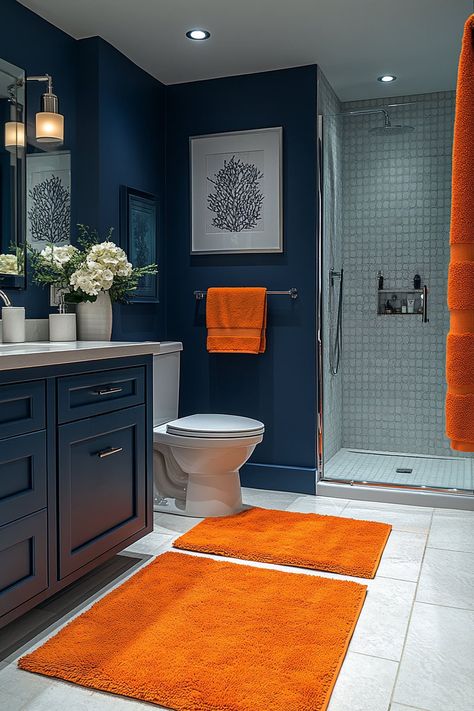 25 Blue and Orange Apartment Decor Trends You’ll Love Blue Orange Bathroom, Orange Apartment Decor, Blue And Orange Bathroom, Orange Apartment, Orange Bathroom, Blue Bathroom Decor, Orange Bathrooms, Orange Decor, Upstairs Bathrooms