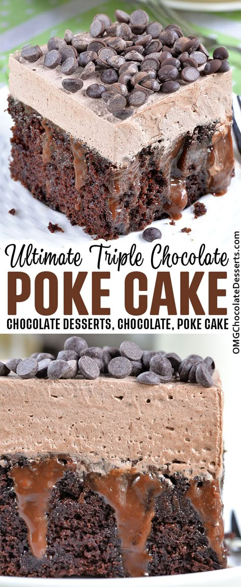 Chocolate Poke Cake is an easy cake recipe that starts with a cake mix filled with silky ganache and topped with creamy chocolate frosting! #chocolate #poke #cake Chocolate Polk Cake, Chocolate Fudge Poke Cake, Polk Cake Recipes, Chocolate Poke Cakes, Hot Chocolate Poke Cake, Chocolate Poke Cake Recipes, Pudding Poke Cake, Making Sweets, Chocolate Poke Cake