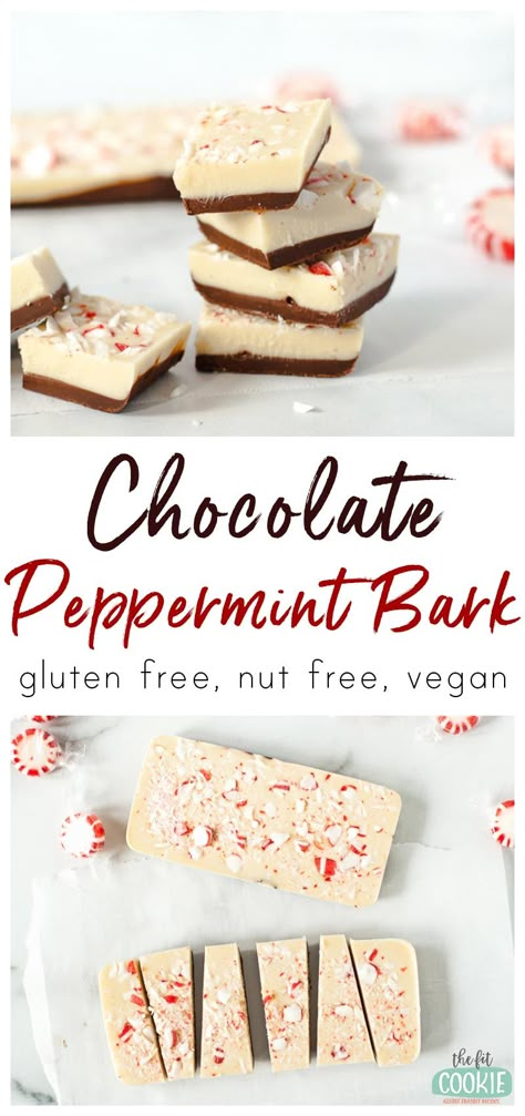 Impress your guests this Christmas with our allergy friendly Chocolate Peppermint Bark! This recipe is easy to make and it's dairy free, gluten free, vegan, nut free, and top 8 allergen free. | thefitcookie.com #thefitcookie #glutenfree #top8free #christmas #holiday #chocolate #vegan #dairyfree Chocolate Covered Banana Bites, Dairy Free White Chocolate, Strawberry Oatmeal Bars, Peppermint Recipes, Chocolate Peppermint Bark, Gluten Free Christmas, Holiday Chocolate, Bark Recipe, Vegan Christmas