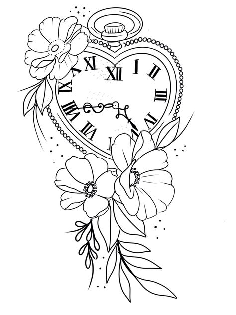 Clock Tattoo Design Women, Clock Tattoo Stencil, Pocket Watch Tattoo Design, Clock And Rose Tattoo, Tattoo Stencil Designs, Watch Tattoo Design, Clock Stencils, Clock Drawings, Clock Tattoo Design