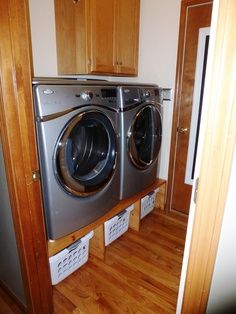 Room for 3 baskets Laundry Room Organization Top Loader, Racks And Shelves, 3 Baskets, Organizing Laundry, Laundry Room Storage Shelves, Washer Dryer Set, New Washer And Dryer, Small Laundry Room Organization, Room Storage Diy