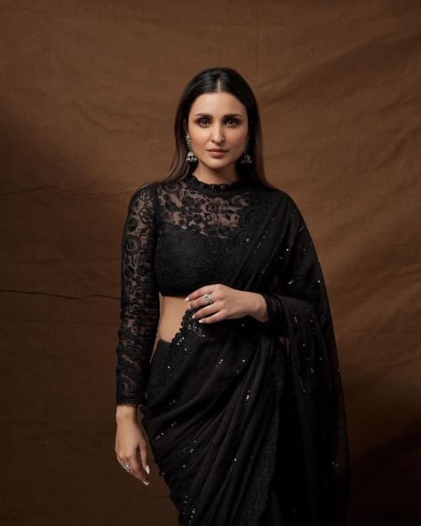 Black Saree Designs, Black Sari, Black Blouse Designs, Bollywood Makeup, Netted Blouse Designs, Pro Create, Sequence Saree, Sarees For Girls, Fashionable Saree Blouse Designs