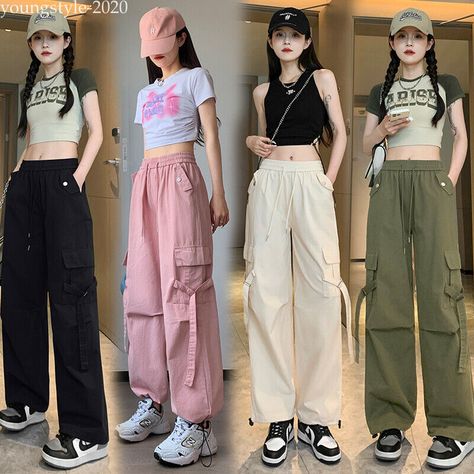 Baggy Ankle Pants Outfit, Baggy Tailored Pants Outfit, Cargo Pants Outfit Wide Leg, Flowy Cargo Pants Outfit, Colored Cargo Pants Outfit, Casual Cargo Pants Outfit Women, Baggy Joggers Outfit Women, Hip Hop Fashion Women Street Style, How To Style Baggy Pants