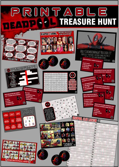 Printable Deadpool Trivia Treasure Hunt Game Deadpool Party Ideas, Deadpool Birthday Party Ideas, Treasure Hunt Riddles, Deadpool Theme, Deadpool Party, Deadpool Birthday, Easter Treasure Hunt, 19th Bday, Treasure Hunt For Kids