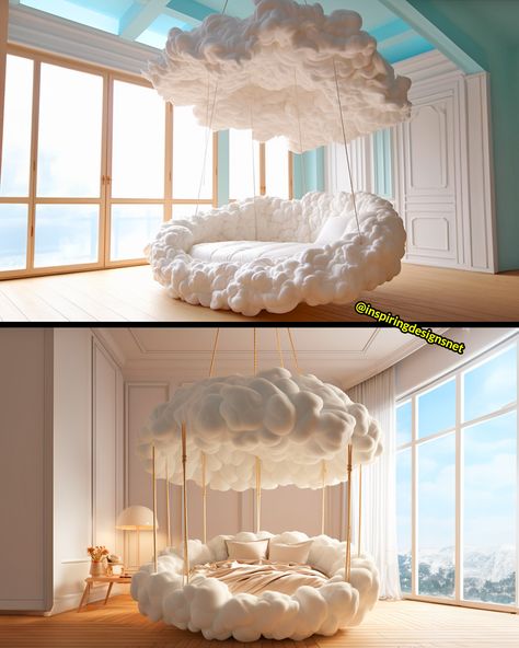 Floating Cloud Bed, Heaven Themed Bedroom, Clouds Aesthetic Room Decor, Cloud Theme Bedroom, Cloud Beds, Cloud Bed Frame, Cloud Room Decor, Cloud Interior, Cute Beds