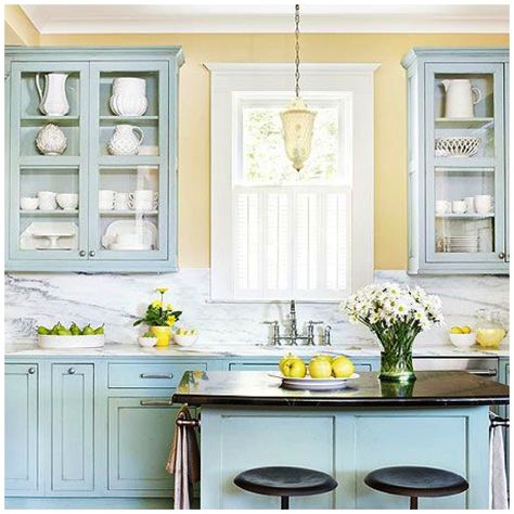 Yellow Kitchen Walls, Buttercup Yellow, New Kitchen Cabinets, Blue Cabinets, Breakfast Bars, Yellow Kitchen, Yellow Walls, Kitchen Wallpaper, Blue Kitchens