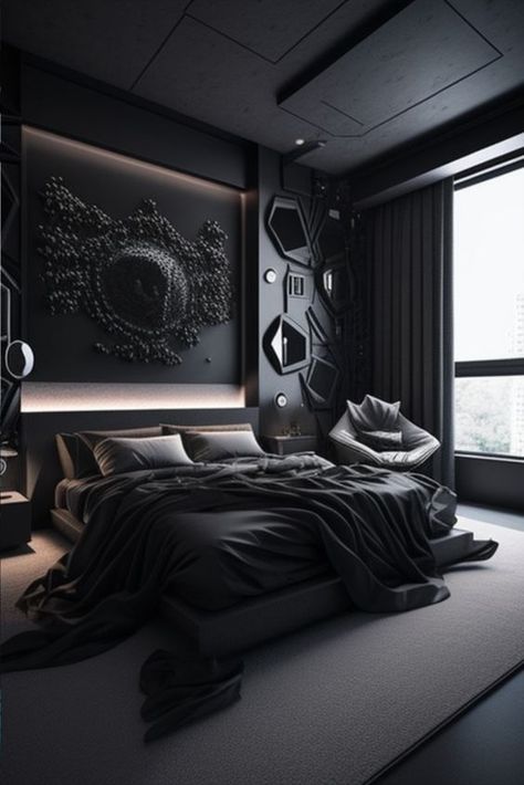 All Black Bedroom, Black Bedroom Design, Black Bedroom Decor, Masculine Bedroom, Black Rooms, Sleep Sanctuary, Mens Bedroom, Black Bedroom, Bilik Tidur