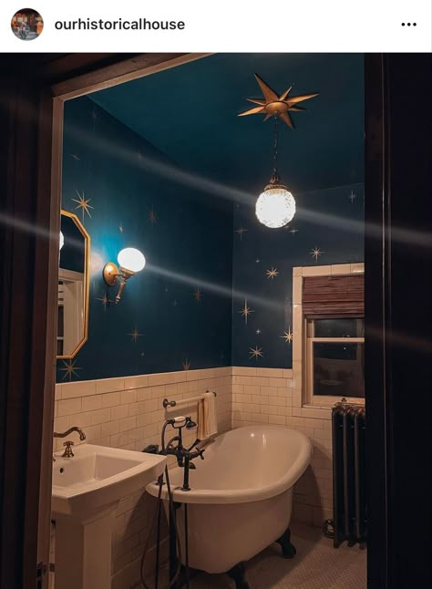 Whimsigothic Bathroom Ideas, Space Bathroom Theme, Starry Bathroom, Whimsical Bathroom Ideas, Edgy Bathroom, Whimsigoth Bathroom, Stars Bathroom, Celestial Bathroom, Unique Bathroom Ideas