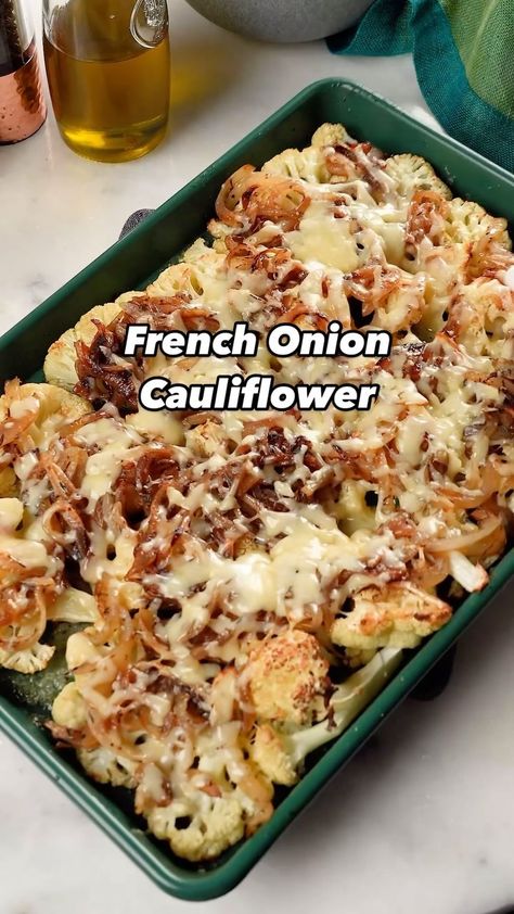 EatingWell | Cheesy French Onion Cauliflower: If you like French onion soup, you’ll love this baked cauliflower coated in melted Gruyère cheese and… | Instagram French Onion Cauliflower, Cauliflower Slices, Cauliflower Recipes Healthy, Dried Thyme, Cauliflower Casserole, Vegetable Casserole, Baked Cauliflower, Low Carb Vegetables, Lentil Recipes