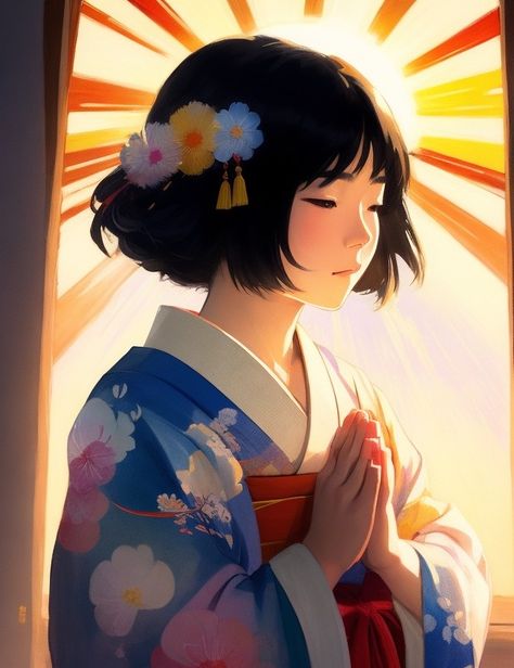 Sun beams behind head, wavy hair, Wearing a japanese kimono, clothes is colourful,Woman praying, hands in pray pose, best quality, masterpiece, high-resolution, acrylic painting, trending on Pixiv fan box, palette knife, and brush strokes, style of makoto shinkai, Jamie Wyeth James Gillard edward hopper Greg Rutkowski studio ghibli Kenshin impact Anime Praying Pose, Praying Pose Reference, Kimono Clothes, Woman Praying, Jamie Wyeth, Greg Rutkowski, Sun Beams, Makoto Shinkai, Picture Prompts