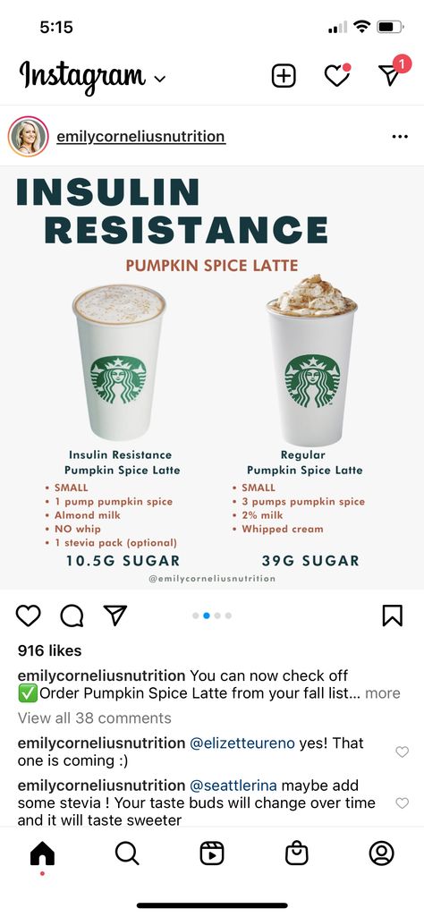 Insulin Resistance Starbucks, Insulin Resistance Starbucks Drinks, Pumpkin Latte Starbucks, Low Calorie Fast Food, Flavored Coffee Recipes, Starbies Drinks, Insulin Resistant, Spiced Almonds, Healthy Starbucks Drinks