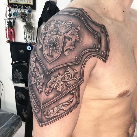 Armor Tattoo | Tattoo Ideas and Inspiration | karllamendes_ Armor Tattoo Sleeve, Paladin Tattoo, Drew Tattoo, Armor Sleeve Tattoo, Viking Armour, Mechanical Tattoo, Magic Tattoos, Armour Tattoo, Irish Tattoo