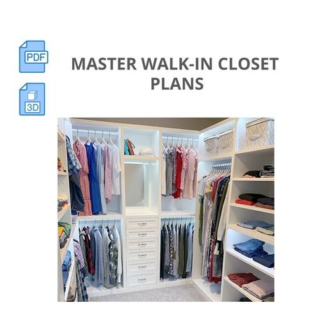 This is a digital blueprint for a walk-in master closet. This newly updated plan includes additional cut list information, information about how to wire the LED lights and build and assemble the drawers in closet. Instructions include illustrated measurements/cut list as well as the materials, tools Walk In Closet Plan, Primary Closet, Custom Closet Storage, Organiser Son Dressing, Master Closet Design, Custom Closet Organization, Closet Storage Systems, Closet Island, Closet Planning