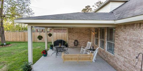 Hip Roof Patio Cover in Cypress, TX - HHI Patio Covers Hip Roof Patio, Hip Roof Porch, Hardy Plank, Roof Porch, Roof Patio, Porch Roof, Patio Covers, Backyard Pavilion, Patio Cover