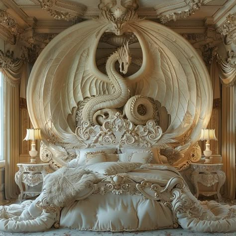 Dragon Room Aesthetic, Dragon Fireplace, Dragon Bedroom Ideas, Dragon Bed, Dragon Furniture Decor, Unusual Beds, Dragon Bed Frame, Fantasy Thene Duvet Cover, Expensive And Stuning Beds