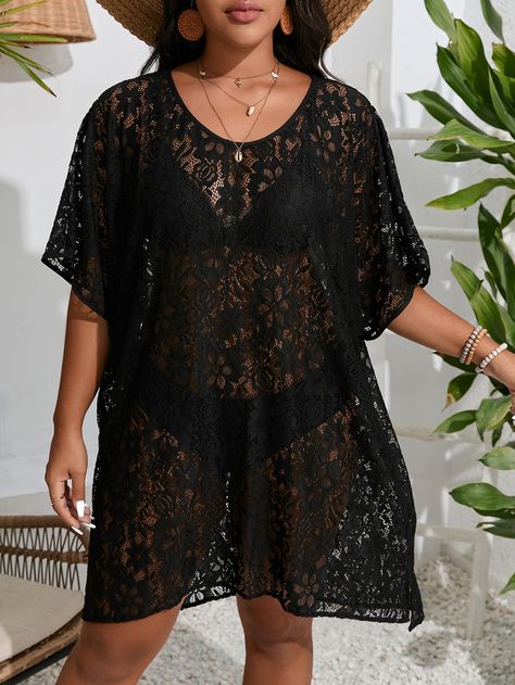 Black  Collar Half Sleeve Fabric Plain  Embellished Medium Stretch  Women Plus Clothing Black Lace Cover Up, Cover Up Swimsuit Outfit, Swimsuit Coverup Ideas, Coverup Ideas, Holiday Outfit Inspiration, Coverup Swimsuit, Swimsuits Outfits, Cover Ups, Swimwear Cover Ups