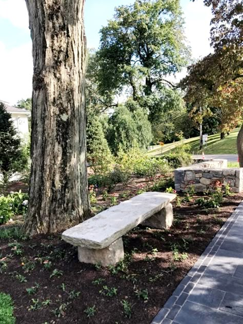 Boulder Bench Seat, Diy Stone Bench Outdoor Seating, Stone Bench Garden, Stone Benches Outdoor, Stone Garden Bench, Outdoor Pool Table, Garden Wallpaper, Memorial Benches, Indoor Outdoor Pool