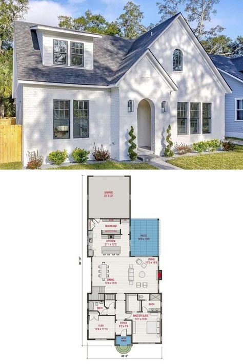 See the beautiful modern minimalist cottagecore interior design of this 4-bedroom 2-story traditional tudor cottage house plan for a narrow lot with balcony loft. Shown charmingly unique cottage exterior of this luxury 2,799 sq.ft. floor plan. Explore this cottagecore house plan and other cottage house plans at Homestratosphere. Blueprint layout is by Architectural Designs. Long Narrow Cottage Plans, Cottagecore House Plans 2 Story, Modern Cottagecore House Exterior, 4 Bedroom Modern Cottage House Plans, 4 Bedroom Cottage Floor Plans, Family House Plans 2 Story, House With Loft Floor Plans, British House Plans, Cottage 2 Story