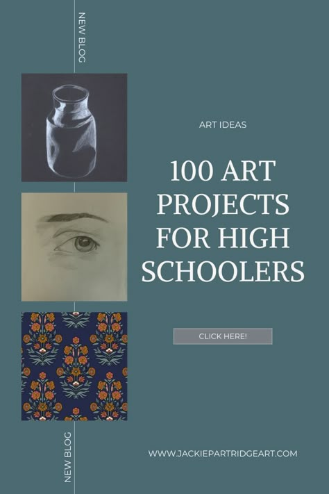 100 Art Project Ideas for High Schoolers | Jackie Partridge Art. Here are some art project ideas for high schoolers to get you through the school year and beyond. These art project ideas are perfect to try in the classroom or in a homeschool setting with a teen who loves art. Try these art project ideas for high schoolers by clicking here! Freshman Art Projects, High School Art Classroom Layout, Studio Art Projects High School, High School Landscape Art Project, High School Art Final Project, Middle School Art Club Ideas, Quick Art Projects For High School, Art Club Projects High School, Art Projects For High School Students