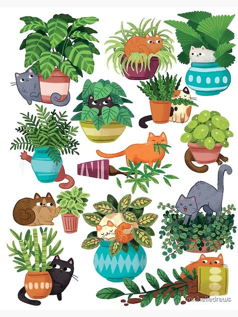 "Cats And Plants " Canvas Print by michelledraws | Redbubble Illustration Cat, Wall Art Illustration, Cat Plants, Image Chat, Cat Artwork, Plant Drawing, Arte Sketchbook, Plant Illustration, Art And Illustration