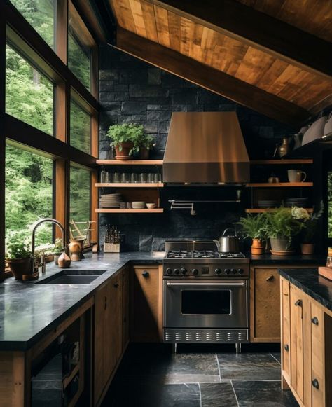 Modern Moody Cabin Design - Kitchen - Rustic Design - Copper Vent Hood - Interior Design Home Inspiration Kitchen Modern Rustic Design, Cabin Living Aesthetic, Interior Design Copper, Moody Cabin Kitchen, Mountain Modern Farmhouse, Mountain Cabin Interiors Rustic, Indoor Cabin Ideas, Luxury Cabin Kitchen, Woodsy Home Aesthetic