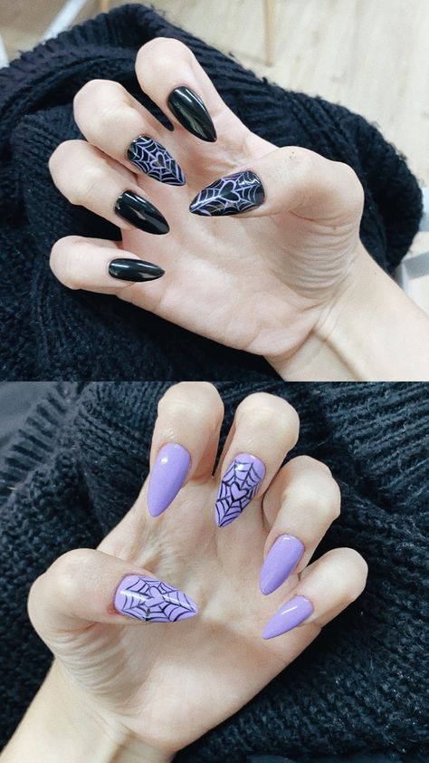 Purple Nail Designs Halloween, Purple And Black Spiderweb Nails, Goth Heart Nails, Spiderweb Halloween Nails, Purple Halloween Nails Simple, Spooky Nails Purple, Lilac Halloween Nails, Black And Purple Nails Coffin, Heart Web Nails