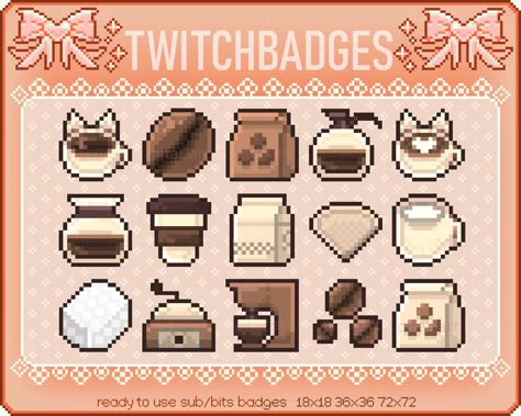 Pixel Coffee Shop, Coffee Shop Pixel Art, Pixel Twitch Badges, Coffee Pixel Art, Twitch Themes, Pixel Coffee, Pixel Stickers, Pixel Items, Espresso Art