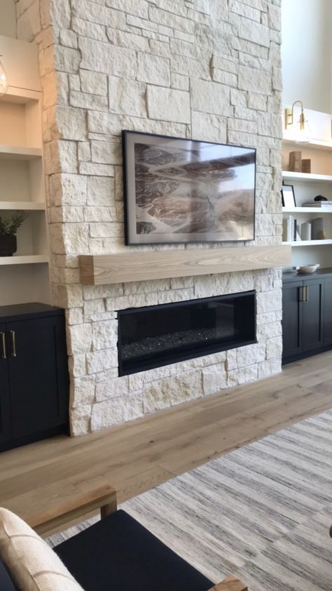 Winery Home Decor, Lannon Stone Fireplace, Stone Fireplace Decor With Tv, 72 Inch Fireplace, Elongated Fireplace Ideas, Modern Stone Fireplace Ideas With Tv, Rectangular Fireplace With Tv Above, Low Fireplace Mantle With Tv, Living Room With Off Center Fireplace