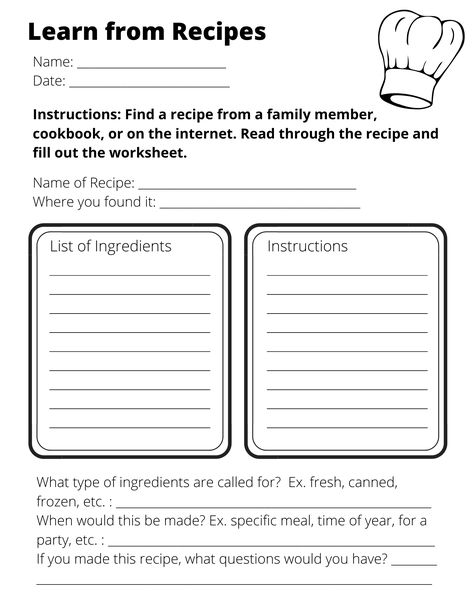 Teach your k-12 learners about recipes. What goes in to making a recipe? Food systems, home economics, culture, are all areas that can be addressed through analysis of recipes. Two original worksheets free to use in your classroom. Home Economics Classroom Ideas, Home Economics For Preschool, Home Economics Worksheets, Cooking Worksheets Free Printables, Culinary Arts Lessons High Schools, Middle School Life Skills Activities, Culinary Worksheets, Home Economics For Kids, Home Economics Lessons High Schools