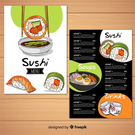 Restaurant menu template with sushi | Free Vector #Freepik #freevector #food Sushi Names, Soup Menu, Menu Design Layout, Menu Sushi, Sushi Menu, Burger Menu, Restaurant Poster, Sushi Design, Food Menu Template