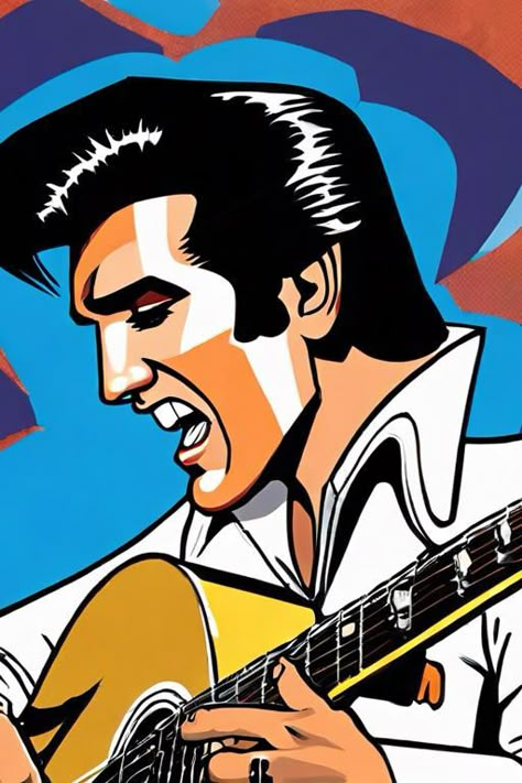 a cartoon elvis presley playing a guitar, portrait of elvis presley, elvis, elvis presley, anime elvis presley, the rock and roll emperor, caricature illustration, mad magazine illustration, 1 9 7 0 s illustration, graphic artist steve argyle, the god of music, cartoon illustration, cartoon painting, digital cartoon painting art, cartoon digital painting, 1960s illustration https://apps.apple.com/us/app/genzart-ai-art-generator/id1669915100 Elvis Cartoon Drawing, Elvis Presley Painting Easy, Elvis Presley Artwork, Elvis Presley Illustration, Elvis Art Paintings, Elvis Painting Easy, Elvis Pop Art, Elvis Presley Paintings, Elvis Watercolor