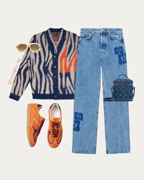 Blue Complimentary Colors Outfit, Fall La Outfits, Cute Outfits Orange, Clothes Must Haves List Women, How To Shop For Clothes, Orange And Blue Outfits For Women, Orange Style Outfit, Crewneck Outfit Women, Orange Sneakers Outfit