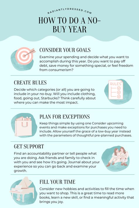 A no-buy year or low-buy year can drastically change your outlook on spending. Learn about different types of no-buy years and how to plan yours to have a successful low consumption year. No Buy Year 2024, New Year Financial Goals, Spending Less Money, Low Spend Year, Low Buy Year Rules, No Buy Year Rules, Low Buy Year, How To Budget, No Buy Year