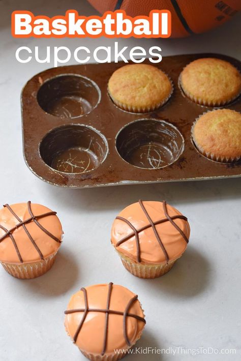 Easy to make Basketball Cupcakes that are perfect for your March Madness get-together or your sports birthday party.  www.kidfriendlythingstodo.com Diy Basketball Cupcakes, Sports Theme Desserts, Basketball Birthday Party Ideas Diy, Diy Basketball Cake, Cupcake Basketball, Sports Themed Snacks For Kids, Basketball Cupcakes Ideas, Kids Sports Birthday Party, Basketball Food