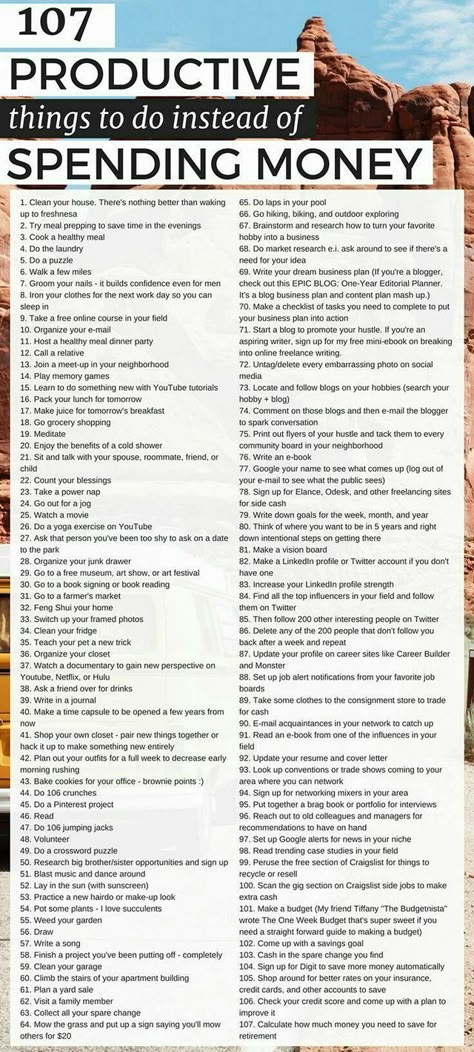 107 Things to do instead of spending money Ricky Gervais, Productive Things To Do, Self Care Activities, Self Improvement Tips, Spending Money, Make More Money, الرسومات اللطيفة, Ways To Save, Money Saving Tips