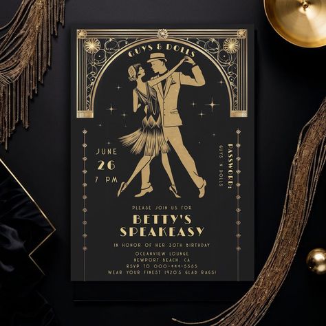 A roaring good fun awaits with this elegant birthday party invitation with a roaring 20s theme, featuring a deco frame and the silhouette of a flapper dancing with her partner. A perfect birthday party invitation template for a Great Gatsby theme, in gold and black. Whether for a 40th, 50th, 60th, 70th or 80th birthday party, or for a roaring twenties, this vintage art deco nouveau frame in black gold foil theme (digital effect) will shine bright. A roaring 20s speakeasy theme party for a doll o Speakeasy Party Theme, 40s Theme Party, The Great Gatsby Party Theme, Speakeasy Birthday Party, 1920s Speakeasy Party, Flapper Dancing, Gatsby Bachelorette Party, 20s Speakeasy, 1920s Party Invitations