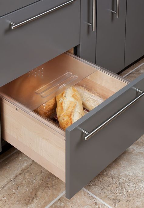 GREENFIELD - Storage - Bread drawer with plastic sliding lid Bread Drawer, New Oven, How To Store Bread, Root Veggies, Beautiful Kitchen Designs, Kitchen Redesign, Bread Storage, Organization Products, Modern Kitchen Cabinets