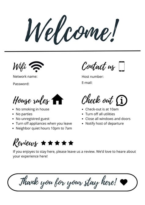 Welcome to the perfect solution for all Airbnb and Booking hosts! Introducing our Welcome and Rules Template, designed to facilitate communication with your guests and ensure an enjoyable and stress-free stay. This elegant and professional template is fully customizable using Canva, allowing you to tailor it to your specific needs in just a few simple steps. What's included: Warm welcome: A dedicated section to welcome your guests and make them feel at home. House Rules: Clear and concise list o Air Bnb Welcome Letter Template, House Rules Template, Airbnb House Rules, Reminder Notes, Airbnb House, Using Canva, Welcome Letters, Emergency Contact, Air Bnb