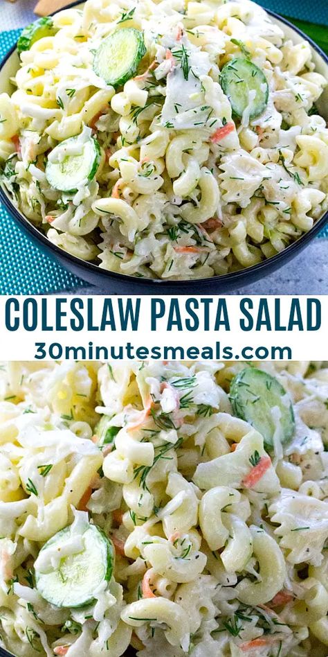 Crunchy Coleslaw Pasta Salad - 30 minutes meals Coleslaw Pasta Salad, Coleslaw Pasta, Crunchy Coleslaw, Coleslaw Salad, Creamy Ranch, Summer Side Dish, Work Diy, Salad Side Dishes, Easy Cooking Recipes