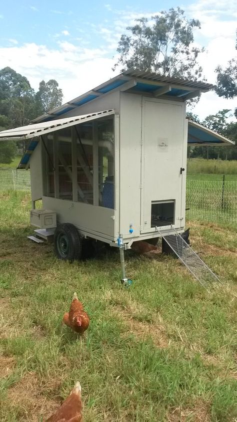 Chicken Coop On Trailer Frame, Trailer Chicken Coop Ideas, Chicken Trailer, Egg Mobile, Automatic Chicken Door, Mobile Chicken Coop, Day Old Chicks, Chicken Tractors, Backyard Chicken Coop